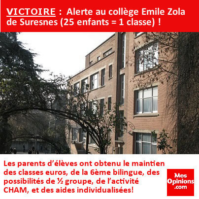 VICTOIRE : Alerte au collège Emile Zola de Suresnes (25 enfants = 1 classe) !