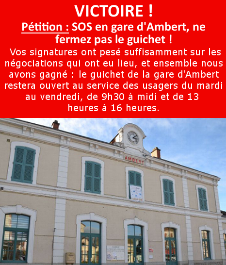 Victoire : SOS gare d'Ambert, ne fermez pas le guichet !