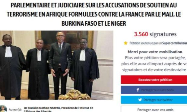 Petition : Pétition internationale pour l'ouverture urgente d'une enquete parlementaire et judiciaire sur les accusations de soutien au terrorisme en Afrique portées contre la France par le Mali, le Burkina Faso et le Niger