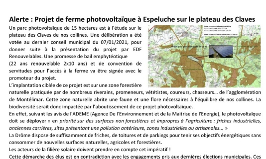 NON au projet de ferme photovolta&iuml;que &agrave; Espeluche sur le plateau des Claves