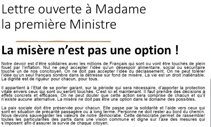 Lettre ouverte à Madame la Première Ministre : La misère n’est pas une option !