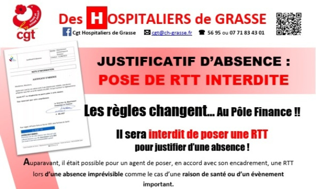 Justificatif d'absence : POSE DE RTT INTERDITE au Centre Hospitalier de Grasse !