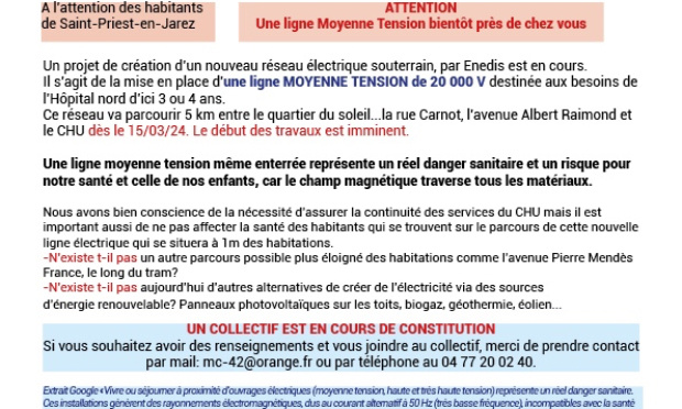 St-Priest en-Jarez, création ligne moyenne tension-proximité des maisons : danger sanitaire!