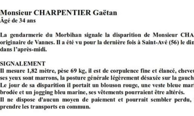 Disparition Gaëtan Charpentier de l'EPSM de Saint-Avé : Aidez-nous !