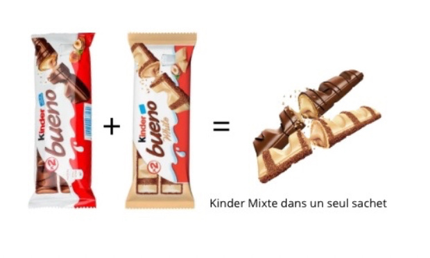 Mettre dans chaque sachet de kinder bueno : un kinder bueno white et un basic