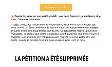 La p&eacute;tition initi&eacute;e par le collectif T&eacute;l&eacute;thon Stop &agrave; la Torture Animale doit etre remise en ligne