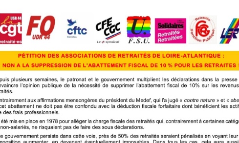 Non à la suppression de l'abattement fiscal de 10% pour les retraité·es