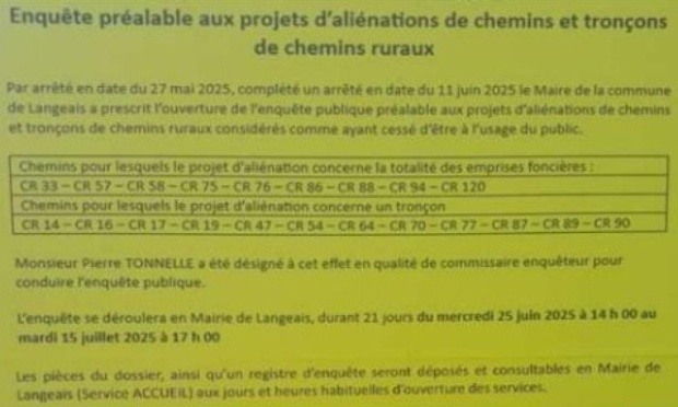 Proposition d'aliénation de certains chemins ruraux sur la commune de Langeais