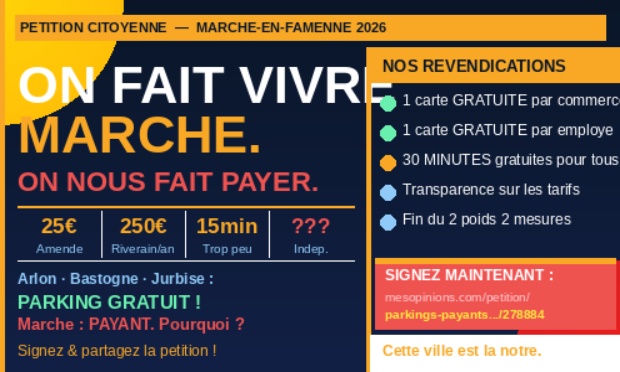 Gratuit&eacute; de stationnement pour les commer&ccedil;ants, leurs employ&eacute;s et 30 minutes pour tous &mdash; Marche-en-Famenne
