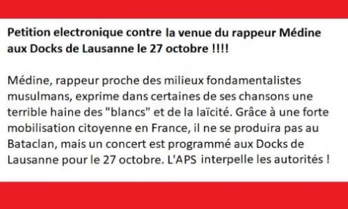 NON &agrave; la venue du rappeur M&eacute;dine aux Docks de Lausanne le 27 octobre prochain