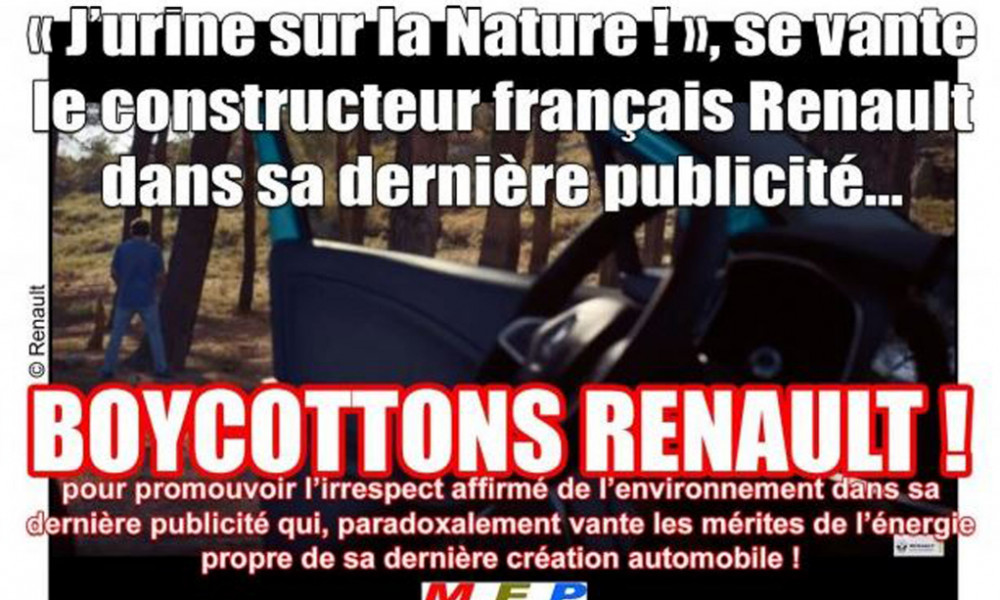 Pétition : J’urine sur la Nature ! , se vante le constructeur français Renault : BOYCOTTONS-LE !