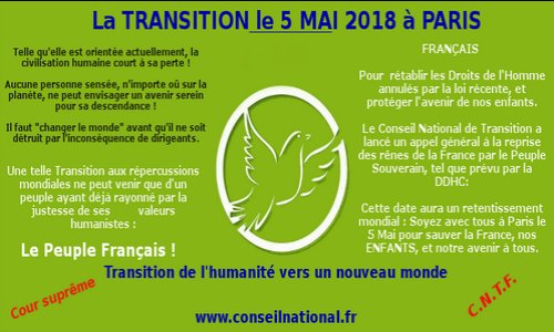 Serez vous présent le 5 mai 2018 à 11h du matin place de la Concorde à Paris pour introniser l’entrée en vigueur du Conseil National de Transition ?